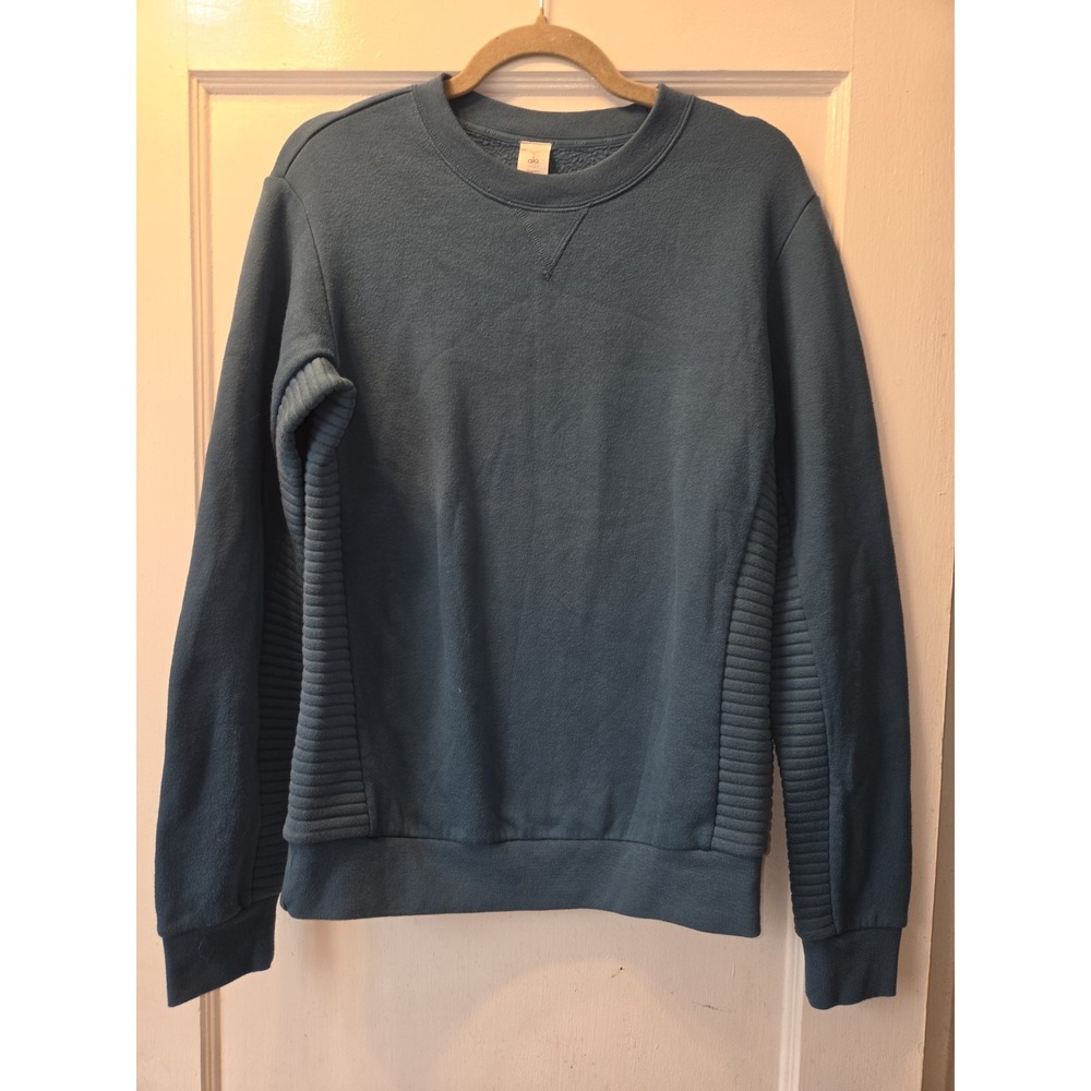 Alo Teal Blue Crewneck Sweatshirt Logo Fleece Pullover Long Sleeve Mens S